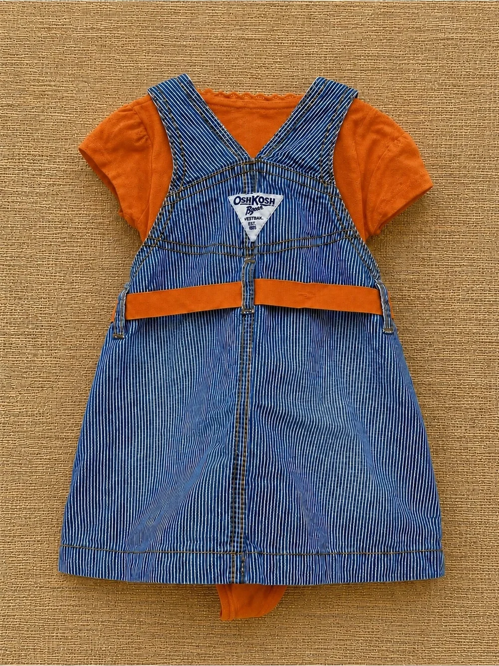 OshKosh B'gosh Railroad Stripe Jumper Dress with Orange Onesie Set Girl 9 Months